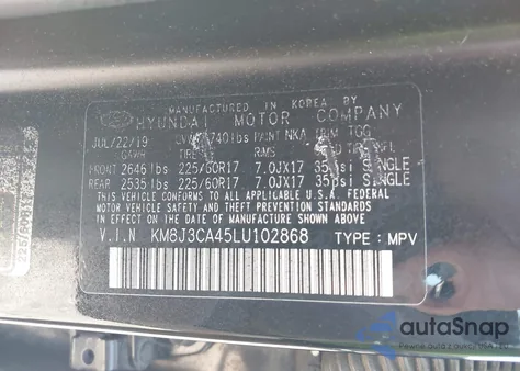 2020 Hyundai Tucson Value z USA, uszkodzony, nr VIN KM8J3CA45LU102868